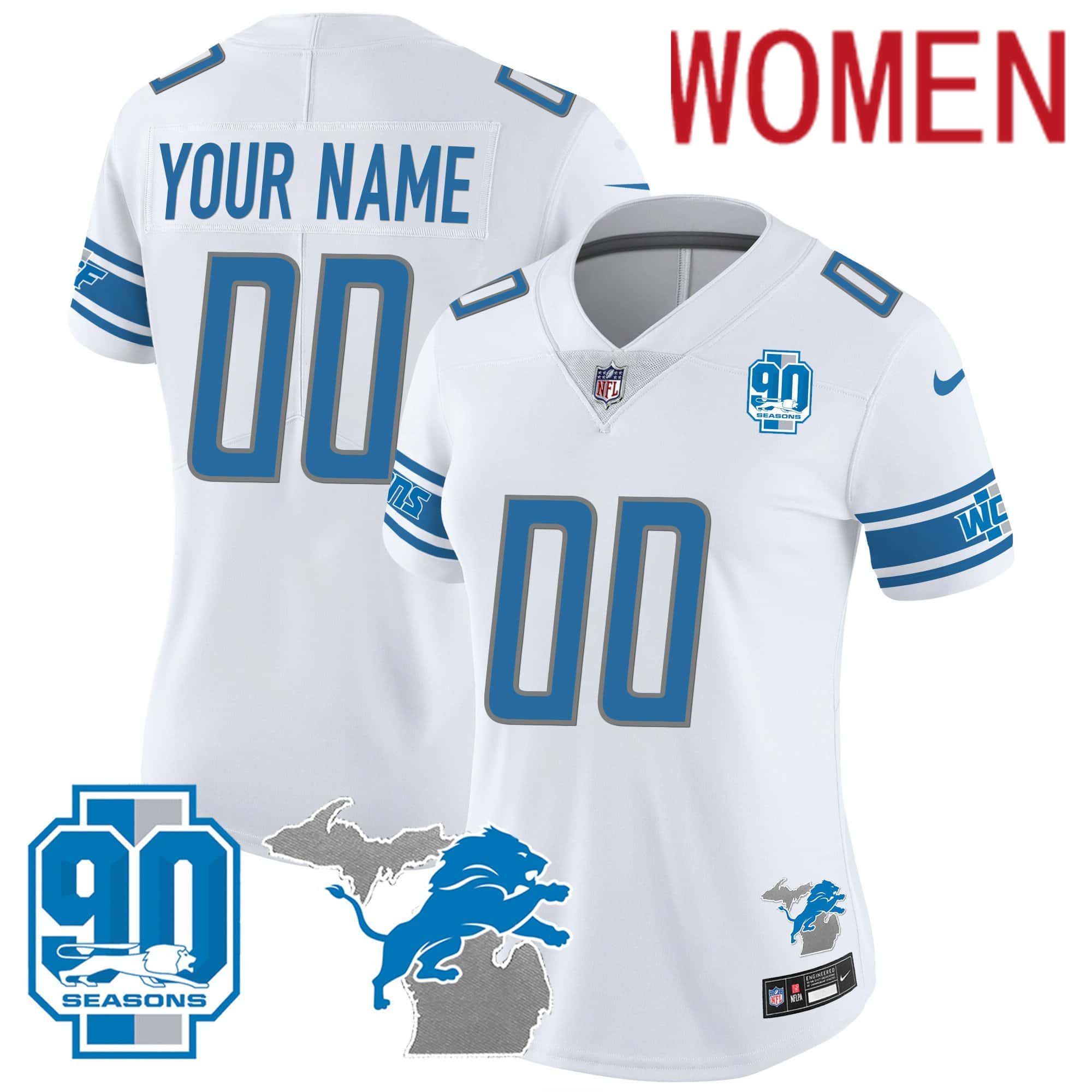 Women Detroit Lions White 2024 Nike 90th Year Michigan Patch Custom Vapor NFL Jersey->customized nfl jersey->Custom Jersey